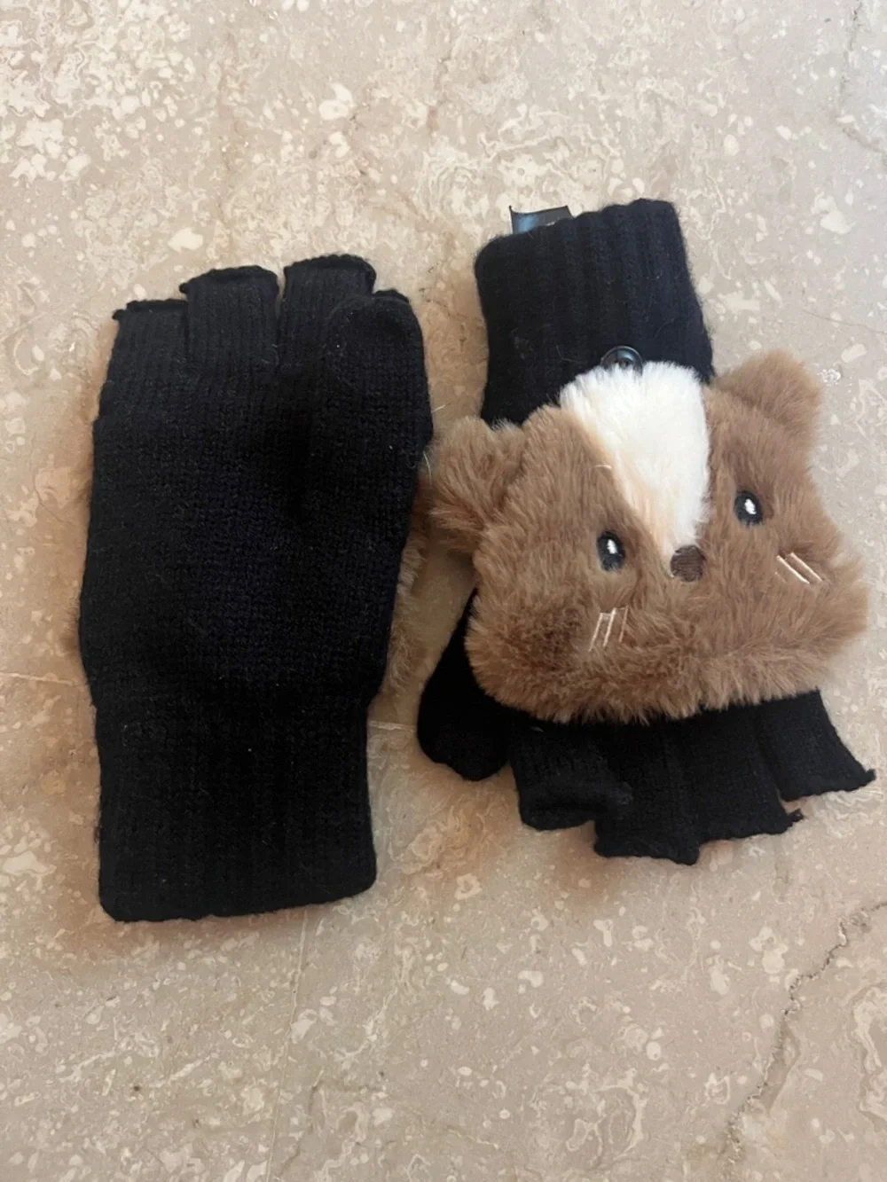 Zara Black Fingerless Convertible Mittens with Brown Plush Animal Faces